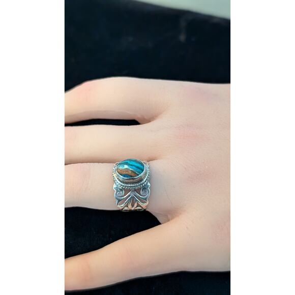 925 Sterling Filigree Rainbow Calsilica Stone Ring Size 6.25 - Picture 9 of 10